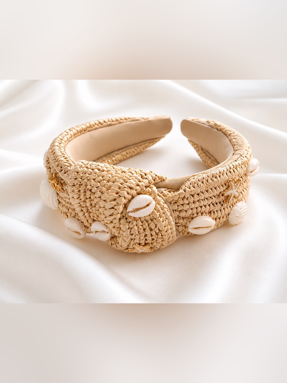 Woven Shell Accent Headband in Natural Beige